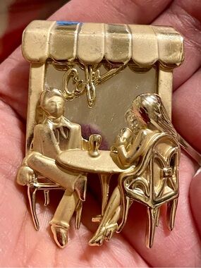 Vintage Gold-tone Couple at Cafe Brooch - Women's Fashion Jewelry